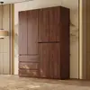 Armario de puertas correderas color nogal para dormitorio, diseño moderno simple con cajones superiores e inferiores, mueble de almacenamiento acabado, armario grande