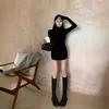 Estilo Chica Sexy Hot Puro Deseo Ajustado Terciopelo Fino Cepillado Interior Cuello Medio de Tortuga Cubre Cadera Vestido Básico Falda Corta