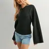 Moda femenina europea y americana: Nuevo top casual de Amazon de color sólido, cuello redondo, hombros normales, manga ancha, entallado a la cintura, sexy de manga larga