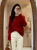 Suéter Coreano Estilo Perezoso Rojo Cuello Redondo para Mujer, Primavera Temprana 2026, Corte Holgado, Adelgazante, Versátil, Manga Larga, Tejido Suave