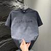 Camiseta masculina de verão de manga curta cinza escuro tie-dye com estampa de letras, pesada, com gola pequena, estilo americano retrô, manga média