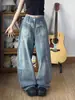 Jeans de Mezclilla Lavada Vintage con Bordado Floral de Letras para Mujer, Corte Holgado, Pantalones Rectos Adelgazantes con Efecto de Caída de Alta Gama, Pantalones de Pierna Ancha