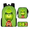 Monstro de Cabelo Verde Grinch Mochila Escolar Grinch Transfronteiriça Nova Mochila Escolar Mochila Cartoon Conjunto de Três Peças Bolsa Lateral Estojo