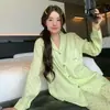Nuevo Estilo Coreano Fresco Primavera/Otoño Ropa de Casa para Mujer Verde Claro Lunares Pequeños Solapa Manga Larga Pantalón Largo Holgado Talla Extra Pijama para Mujer