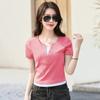 Camiseta de verano para mujer, de manga corta, con escote en V y dos botones falsos, estilo coreano, color rojo sandía dulce, cintura alta