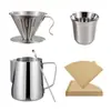 Ferramentas de café para latte art em aço inoxidável: copo de extração, jarra para espumar leite, jarra para latte art com marcações, filtro pour-over e papel de filtro