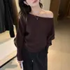 Suéter de tricô com gola redonda, cor sólida, estilo loose, versátil, com mangas tipo lanterna, estilo outono vintage chic coreano para mulheres
