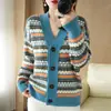 Cárdigan de punto grueso a rayas de manga larga para mujer, abrigo corto, suéter holgado, top cálido casual para otoño e invierno