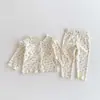 Conjunto de Roupa de Casa Floral de Algodão Estilo Coreano para Bebê Menina, Manga Longa, Manga Morcego, Abertura com Botão, Roupa para Usar por Cima ou Dormir, Outono e Inverno