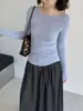 Jiang Zuo Estilo Francês Lã Uma Alça Manga Longa Tricô Top Feminino Outono Camada Base Top Uma Alça 1059