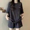 Traje Deportivo Casual Estilo Universitario Coreano de Verano para Mujer, Camiseta de Manga Corta Holgada de Wafflough, Pantalones Cortos, Cómodo Conjunto de Dos Piezas