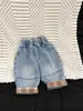 Jeans xadrez com bainha enrolada estilo coreano para crianças para primavera e outono, calças casuais vintage com cintura elástica desgastada para meninos e meninas