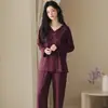 Pijama de Algodón Puro para Mujer Otoño Manga Larga Pulóver Holgado Cómodo Cuello en V Ribete de Encaje Ropa para el Hogar Conjunto de Tacto de Alta Gama
