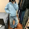 Sudadera con capucha y hombros caídos estilo retro americano azul para hombre y mujer, otoño, holgada, moderna, marca, pareja, top casual