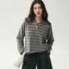 Suéter de punto de cachemira a rayas color block de cuello polo retro de alta gama para mujer, versátil y de corte holgado para principios de otoño y ropa de trabajo