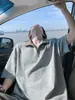 Camiseta de Manga Corta con Cuello Alto a Cuadros de Peso Pesado con Media Cremallera para Hombre, Marca de Moda Primavera y Verano, Estilo Americano Holgado, Camisa Polo de Manga Corta de Moda