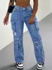Jeans acampanados de trabajo con tirantes rasgados y desgastados, europeos y americanos transfronterizos, jeans de trabajo para mujer de tiro medio con múltiples bolsillos