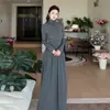 Vestido largo de punto gris oscuro con botones de cuello alto y fruncido para mujer, otoño e invierno, elegante capa interior, línea A entallado a la cintura, venta al por mayor