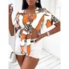 Camisa feminina de Comércio Exterior Europeu e Americano, gola V, laço, cadarço, camisa curta, moda de verão, manga curta, top estampado