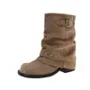 Botas Femininas Curtas com Salto Bloco, Moda Europeia e Americana, Salto Grosso, Design Pregueado, Novo Estilo 2026, Fivela de Cinto, Rebites, Ajuste Justo, Botas Curtas da Moda