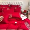 Conjunto de Quatro Peças para Cama de Casamento Grande Vermelha Estilo Chinês Festivo Bordado Capa de Edredom de Algodão Roupa de Cama para Dote de Casamento