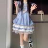 Vestido Xadrez Azul Estilo Francês para Meninas no Início do Verão 2025 Novo Manga Bufante Saia Princesa