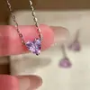 Brincos e Colar Coração Roxo Lavanda em Prata de Lei S925 para Mulheres, Exquisitos e de Alto Padrão, Nicho, Delicados e Super Estilo Fada