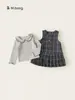 Bangxuan Huzhou Zhili Roupa Infantil Doce Conjunto de Menina Vestido com Colete Xadrez Camisa Base com Gola de Renda Conjunto Infantil de Duas Peças