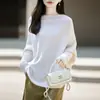 Suéter de punto de lana pura estilo francés para otoño e invierno, de hombros descubiertos, con mangas de murciélago, corte holgado, adelgazante, cálido, tipo chal, suéter de capa base