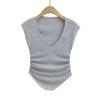 2024 Verano Nuevo Spice Girls Cuello Bajo Arco Volantes Tejido Manga Corta Camiseta Mujer 2 Viento Puro Plegada Chaqueta Exterior