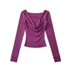 Camiseta de Manga Larga con Parches de Encaje Falso de Dos Piezas para Mujer, Diseño de Primavera, Corte Ajustado, Estilo Puro Deseo, Top Base Morado