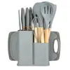 Utensílios de Cozinha de Silicone Prontos de Fábrica Conjunto de Facas de Cozinha de 19 Peças Pá Colher com Cabo de Madeira Conjunto de Facas de Aço Inoxidável com Balde de Armazenamento