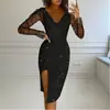 Ropa de Mujer Transfronteriza Otoño e Invierno 2023 Amazon Wish Vestido Sexy de Malla con Cuello en V y Diamantes Calientes que Cubre las Caderas para Mujer