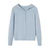 Nuevo top de punto de color liso versátil para mujer con cuello henley y capucha 13183