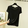 Camiseta casual feminina estilo coreano para primavera e verão, cor sólida nova, estilo preguiçoso, gola redonda elegante, manga curta, corte solto, simples