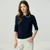 Suéter de cachemira pura para mujer, bordado a mano, mismo estilo que Xiao He, con cuello polo, capa interior cálida, capa base elegante, tejido