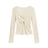 Top de punto sexy con patchwork de encaje hueco retorcido de manga larga para mujer, camiseta básica de otoño ajustada