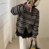 Jaqueta Suéter Listrada Color Block com Gola Redonda para Mulheres Outono Novo Estilo Coreano Solta Preguiçosa Cardigan Tricotado com Zíper Duplo Top
