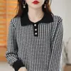 Estilo Nuevo de Primavera Algodón Puro Cuello Polo Tres Botones Cuadros Manga Larga Tejido Holgado Suéter Estilo Coreano Top para Mujer