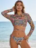 Traje de baño de tres piezas de malla con estampado floral vintage transfronterizo de manga larga con bikini de corbata para vacaciones en la playa