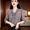 Dropshipping Transmisión en Vivo Venta Caliente Blusa Estampada de Encaje con Cuello en V para Mujer Primavera/Verano 2026 Holgada Reductora de Edad Manga Tres Cuartos