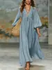 Vestido longo boêmio estilo europeu e americano para mulheres, algodão-linho, decote V profundo, mangas bufantes, corte solto, barra ampla, vestido longo para férias transfronteiriças