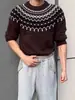 Suéter Negro Fair Isle de Cuello Redondo para Hombre, Estilo Perezoso de Otoño, Jersey Suave Relajado, Camiseta Básica de Punto para Pareja