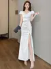 Vestido Formal para Registro, Adecuado para Uso Diario, Cuello en V, Blanco, Petite, Gama Alta, Corte Ajustado, Vestido de Noche con Abertura