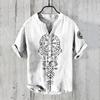 Camisa de Gola V de Manga Curta Masculina Vintage de Linho com Estampa 3D de Vida Marinha Estação Independente TEMU Transfronteiriça Top Casual
