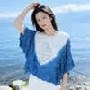 Top Bordado Tie-Dye com Manga Morcego, Xale Bordado, Camisa para Ar Condicionado de Férias na Praia, Blusa de Renda, Cardigã Tie-Dye