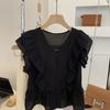 Camisa Babydoll de Chifón de Verano para Mujer con Cuello en V Negro y Manga Corta con Volantes Franceses, Top Corto sin Mangas, Camisa Pequeña