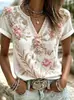 Top estampado de manga corta con cuello en V transfronterizo 2026 nuevo estilo de verano europeo y americano, imitación lino, holgado, casual, disponible para dropshipping