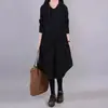 Otoño Nuevo Talla Grande para Mujer Suelto Literario Media Longitud Pantalones con Bolsillo de Solapa Grande por Encima de la Rodilla para Cubrir el Vientre Vestido con Capucha Negro