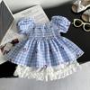 Traje Nuevo para Bebé Niña Estilo Coreano Dulce Top de Cuadros Azules Shorts para Niños Moderno y Lindo Conjunto de Dos Piezas